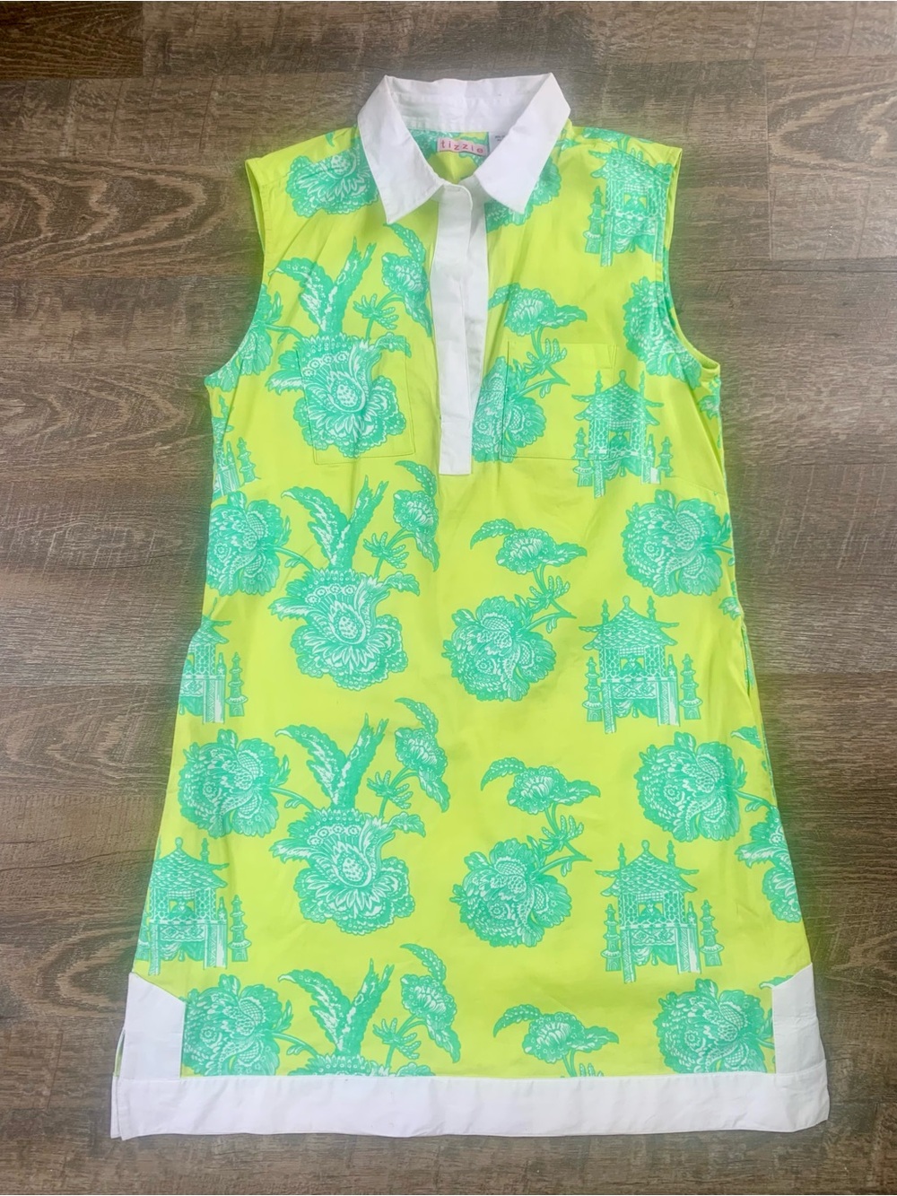 Tizzie Women’s Sleeveless Lime Green Floral Print Dress with White Collar